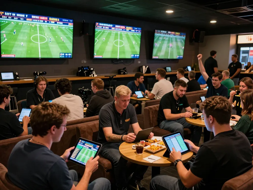 Engaged bettors analyzing resultsfootball matches on tablets in a lively sports betting lounge atmosphere.
