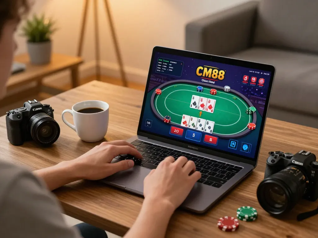 Engaged player enjoying CM88 online poker experience on a sleek laptop setup