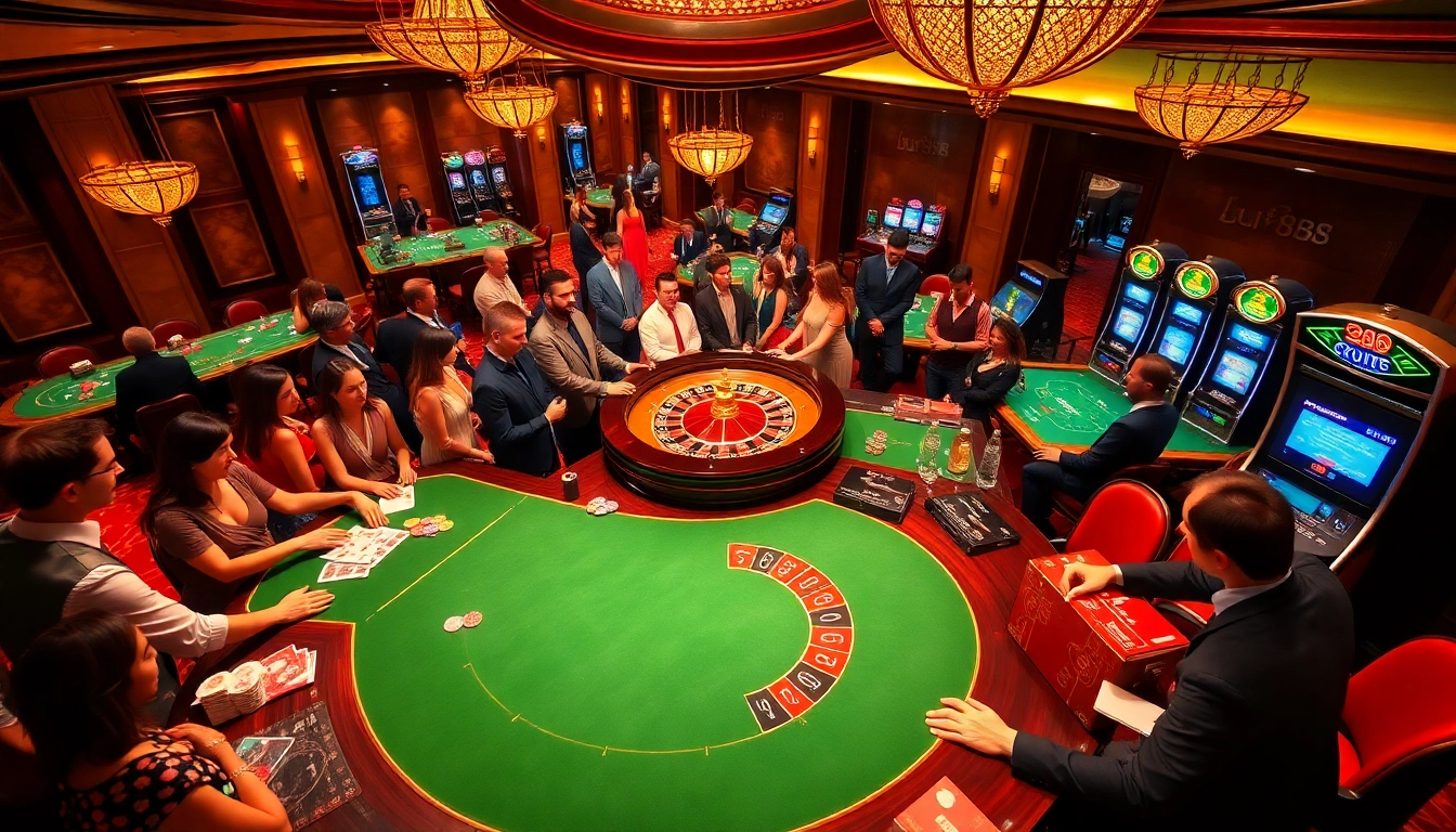 Gambling excitement at https://du88.sbs/ with players enjoying roulette, poker tables, and vibrant slot machines.
