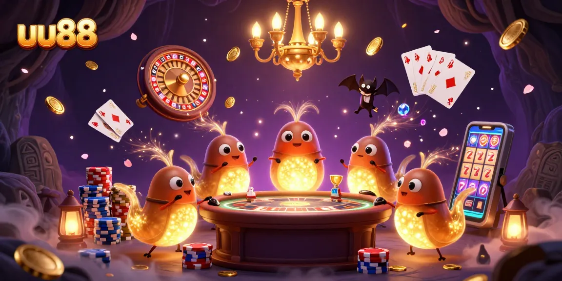 uu88 illuminates the casino with glowworms and a bat dealer in 3D cartoon art, maximizing the gaming experience