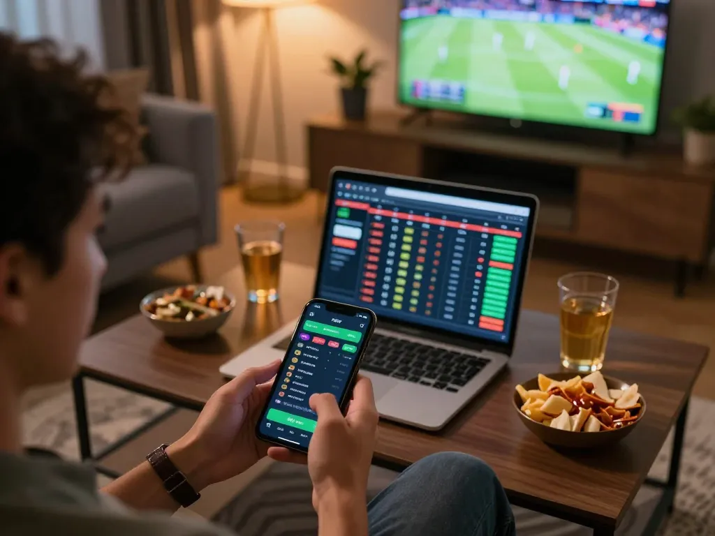 Tỷ lệ kèo nhà cái 5 in action as a person checks live sports betting odds on smartphone.