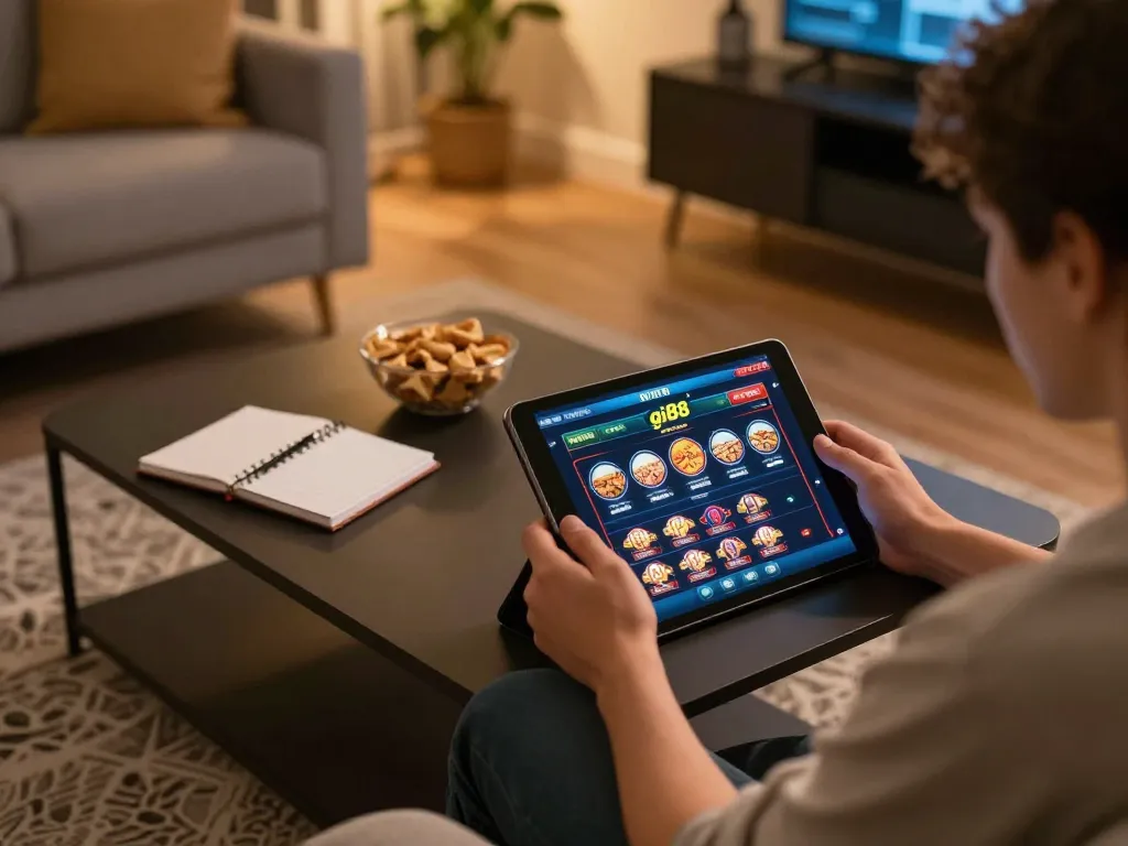 Player strategizing with gi88 app in cozy living room while enjoying online gaming experience.