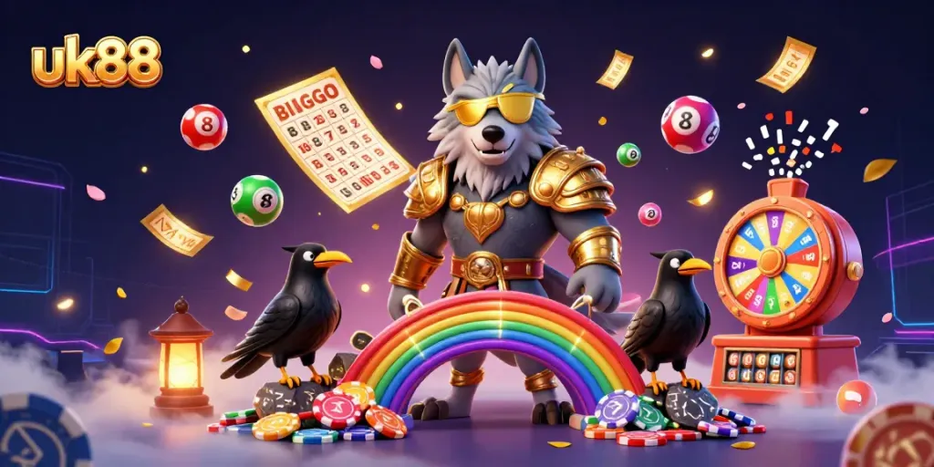 Experience the excitement of uk88's dynamic gaming scene with our vibrant 3D illustration.