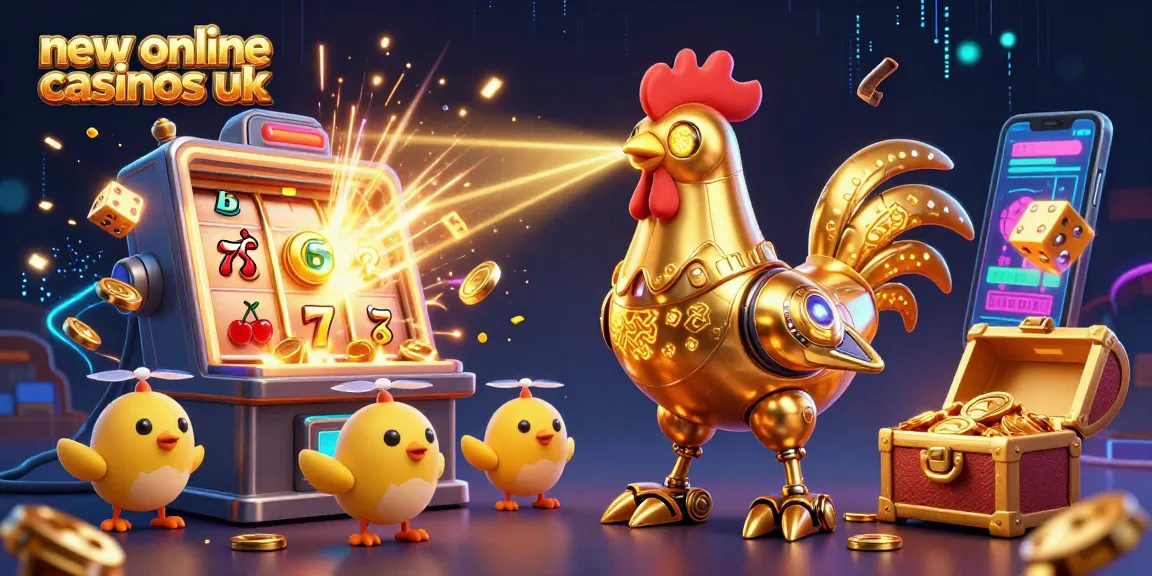 Experience excitement at new online casinos uk with a dynamic scene featuring a futuristic rooster robot and vibrant casino elements.