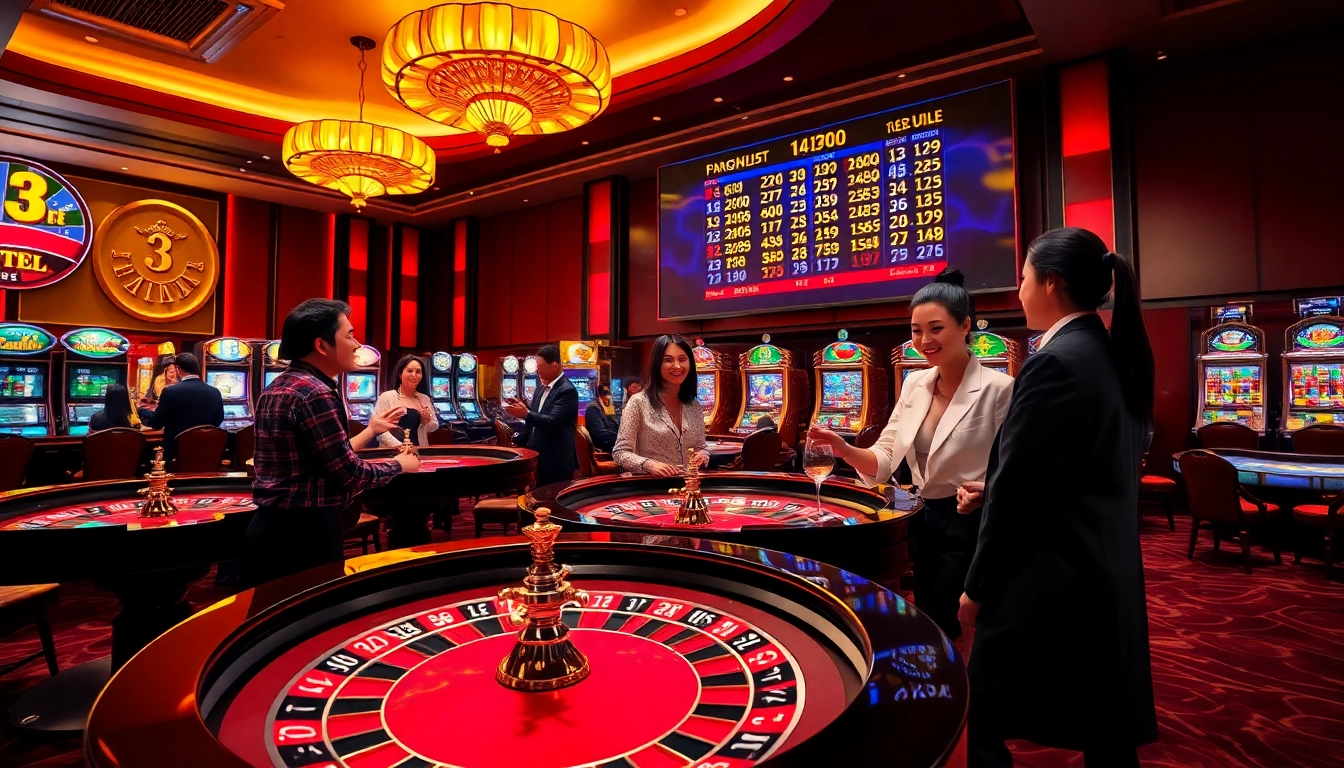 Xổ số 3 miền hôm nay showcased in an elegant casino scene with vibrant tables and cheerful players.