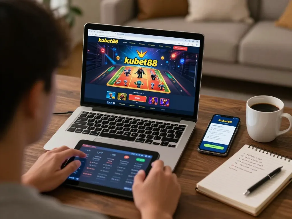 Engaging online casino experience on kubet88 displayed on a laptop with strategic notes nearby.