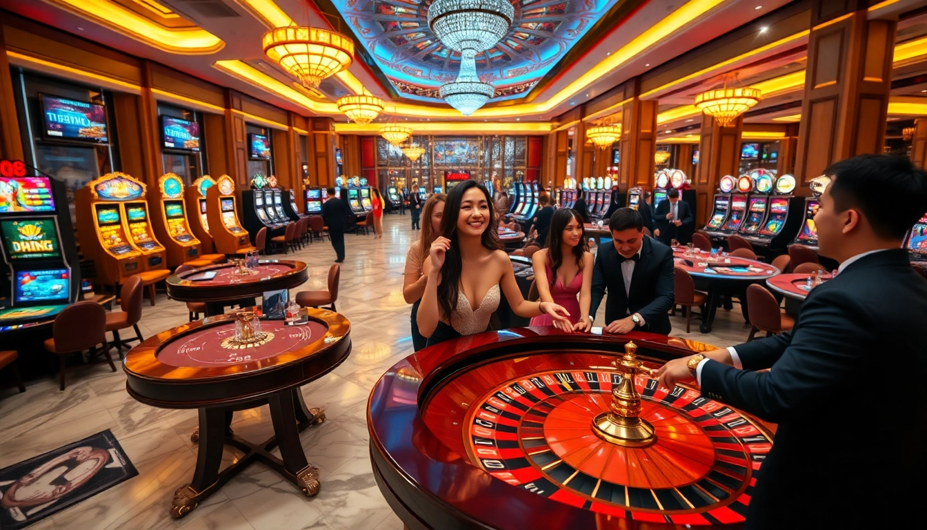 Casino ambiance featuring players at GO8 CHÍNH CHỦ tables and colorful slot machines, showcasing excitement.