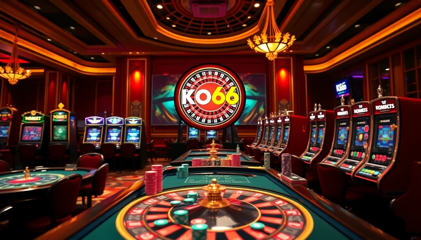 Chiến thắng lớn với KO66 tại một bàn casino sôi động đầy chip poker và máy slot.