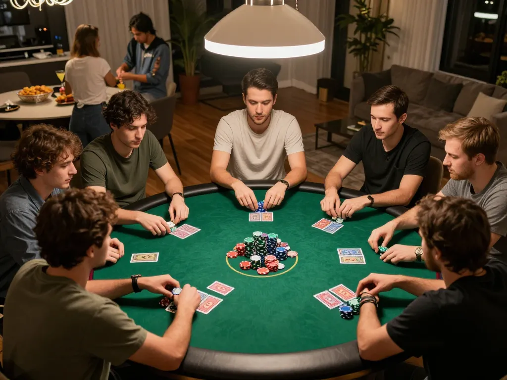 onbet players engaged in a lively poker game night at home with vivid chip stacks and strategic focus