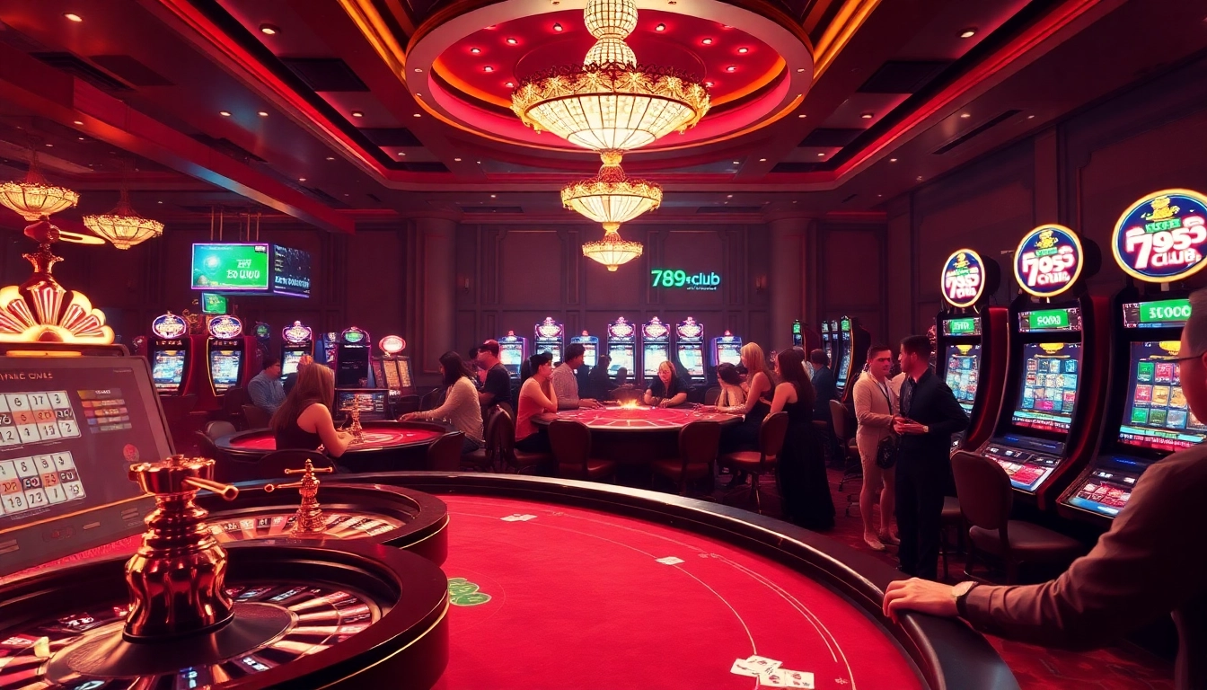 Exciting casino scene with players at 789club poker tables, roulette wheels, and vibrant slot machines.