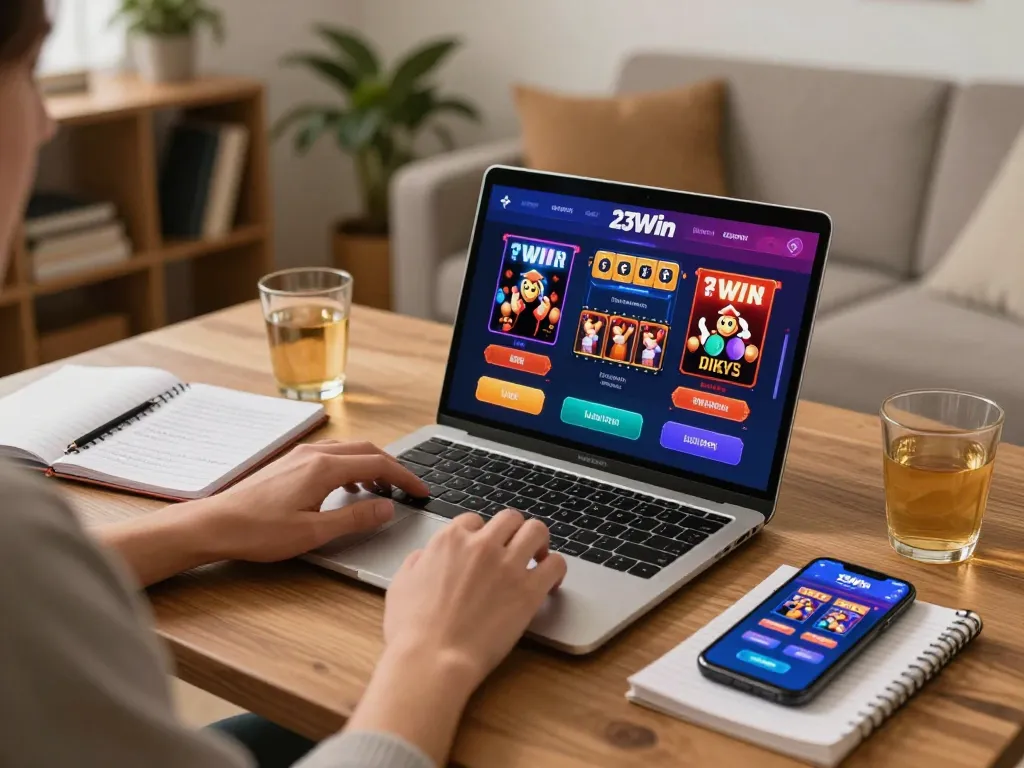 Player engaging with 23Win online casino games on laptop at home, highlighting strategic gameplay and comfortable setting