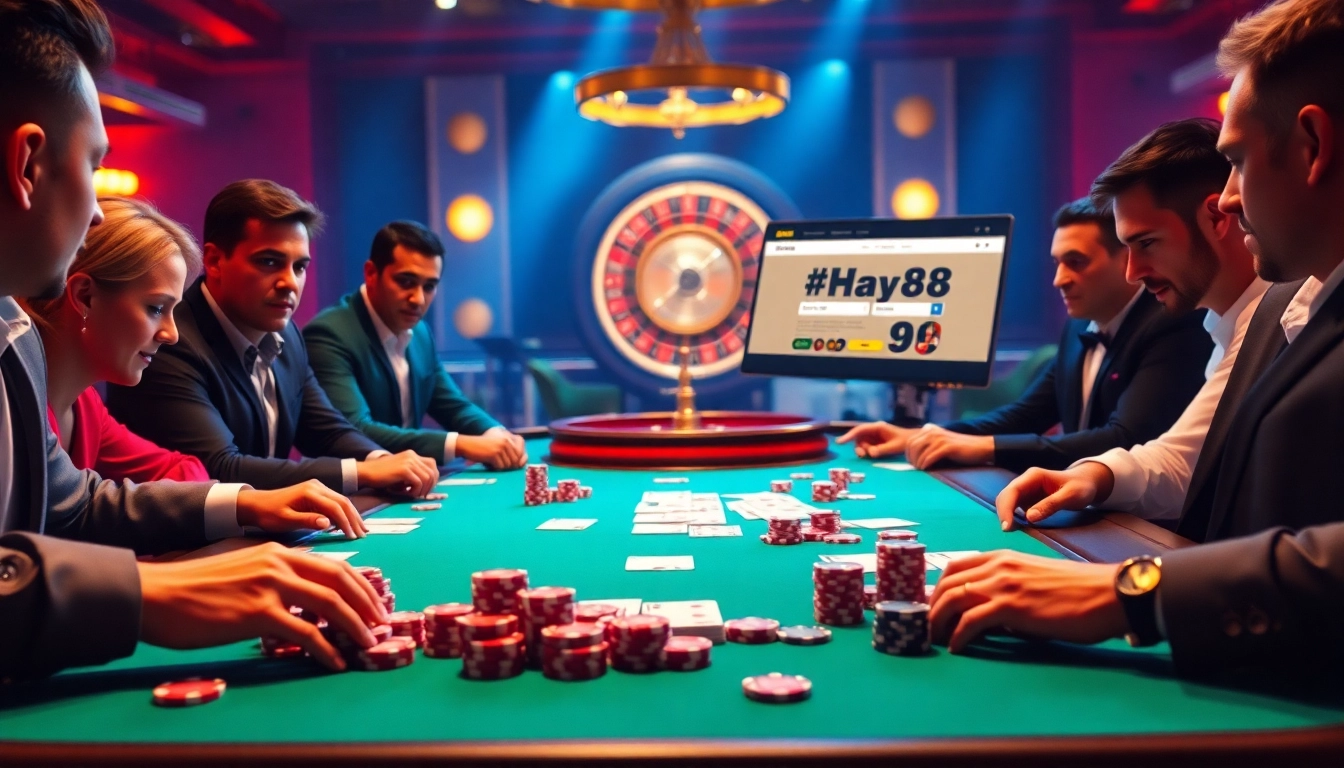 Players engaged in an intense poker game at hay88-teamala.us.com, showcasing excitement and strategy.