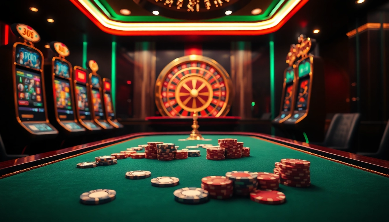 Engage in thrilling games at go8's luxurious casino featuring poker chips and neon slot machines.