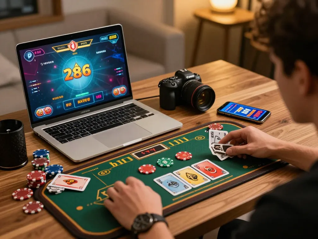 Player enjoying a game bài đổi thưởng on a modern gaming setup, showcasing a strategic approach to online gambling
