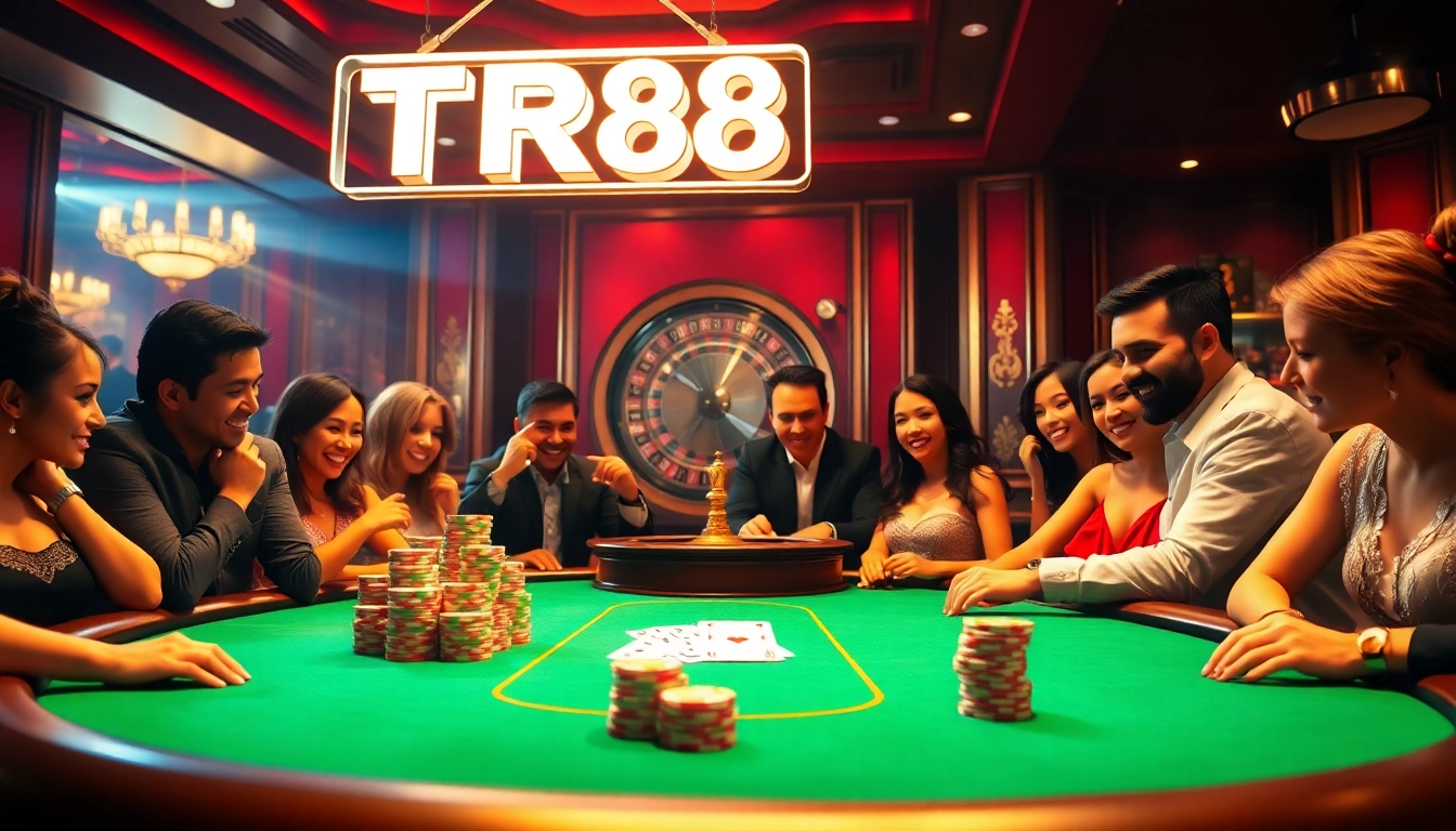 Players engage at a vibrant poker table in a luxurious casino setting featuring the TR88 neon sign.