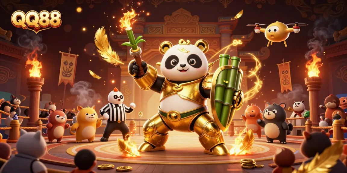 Experience thrilling gameplay at QQ88 with a dazzling 3D illustration of an epic battle arena featuring unique characters and gold elements