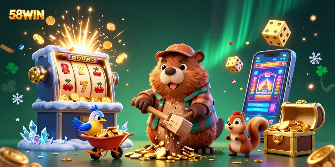 Experience excitement at 58WIN as a cartoon beaver chops a tree raining coins in a vibrant casino scene.