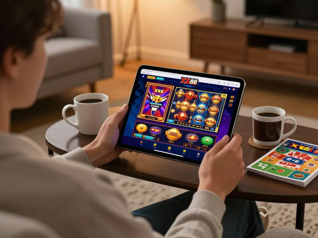 Engaging in strategic gameplay at XX88 online casino on a tablet in a cozy living room setting.