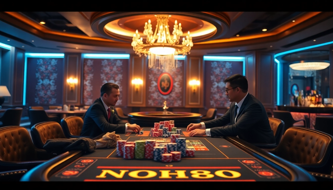 Players strategy at a NOHU90 poker table with vibrant chips and a roulette wheel in view.