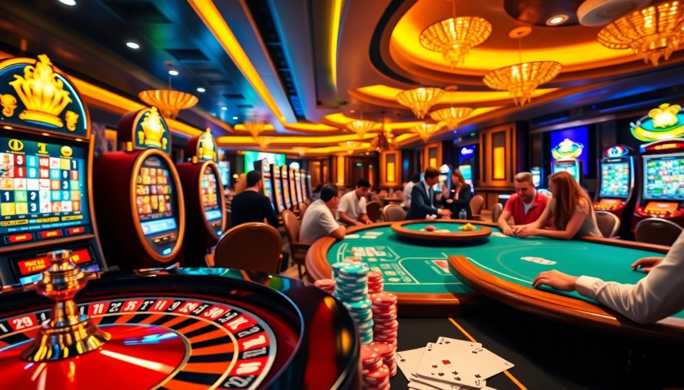 Players enjoying a thrilling virtual experience at Casino trực tuyến with colorful slot machines and roulette wheels.