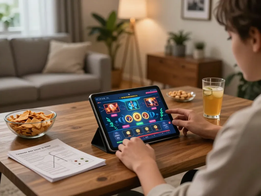 Engaging in exciting online gameplay on J88.com in a cozy home setting with snacks nearby.