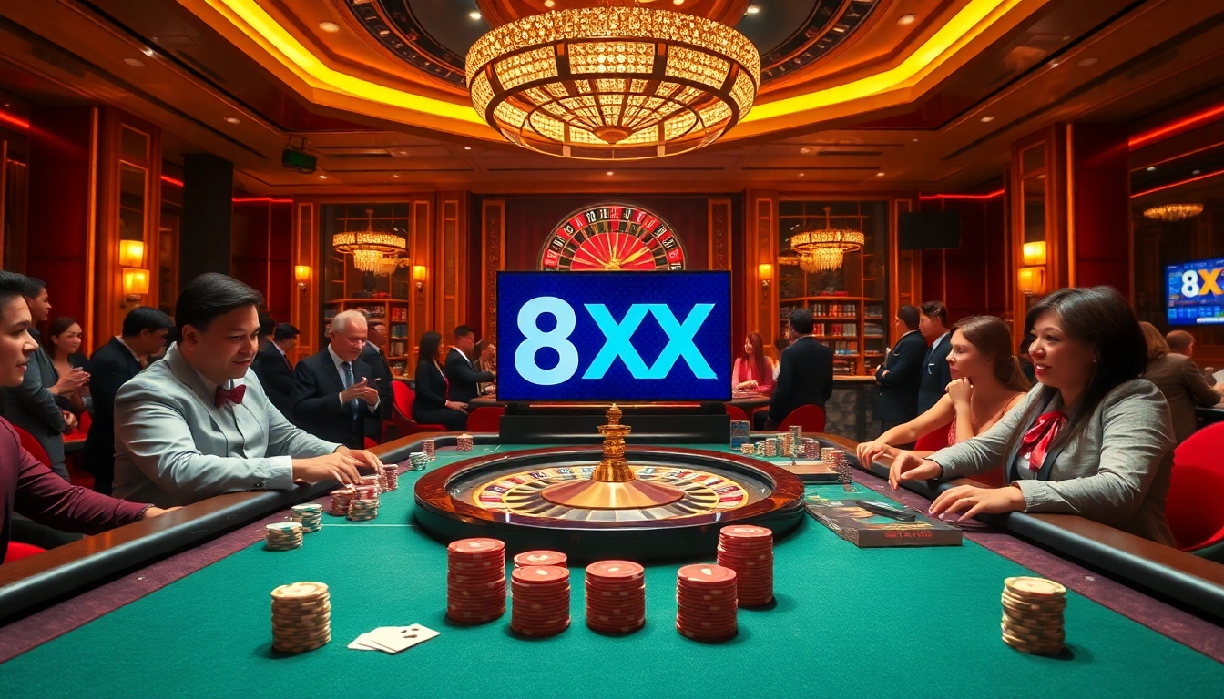 Playing at nhà cái 8XX's luxury casino, featuring a glimmering poker table and exciting gambling atmosphere.