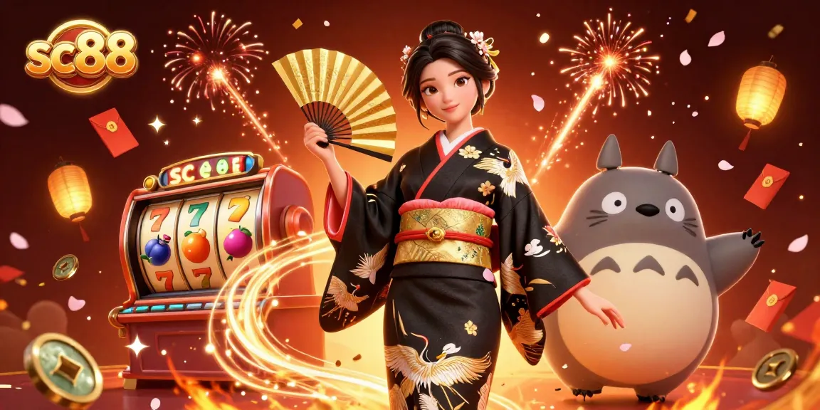 Gamers enjoying sc88 with colorful slot reels and lucky 7s, surrounded by festive decorations.