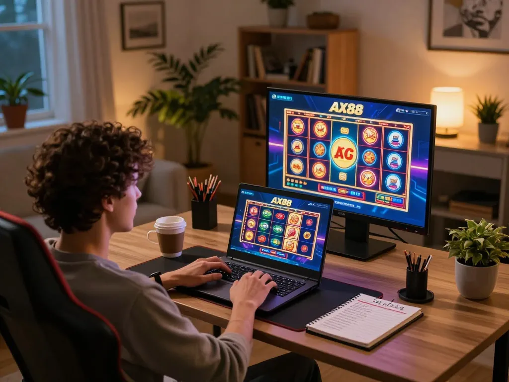Player engaging in online gaming on AX88 platform, enjoying a sleek interface and cozy atmosphere.
