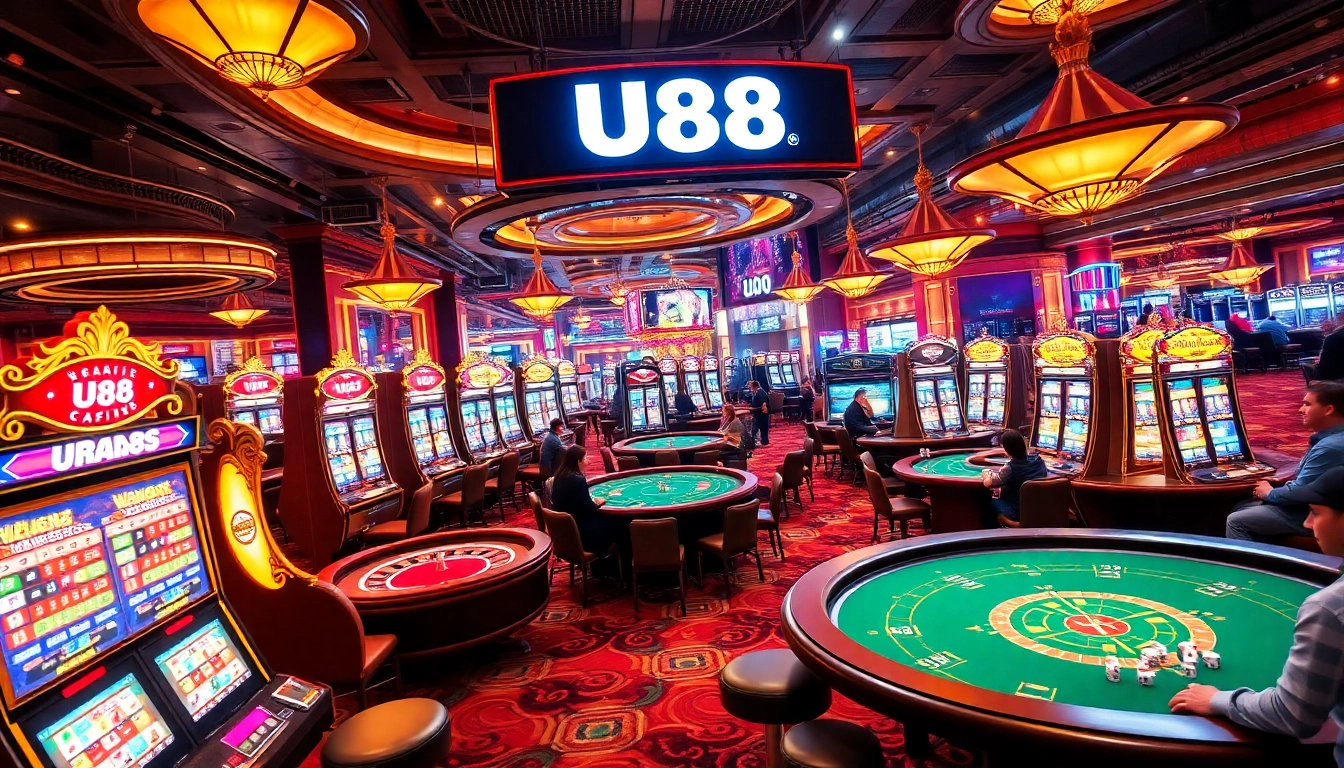 Engaged players enjoy thrilling games at a U88 casino, surrounded by vibrant slot machines and tables.