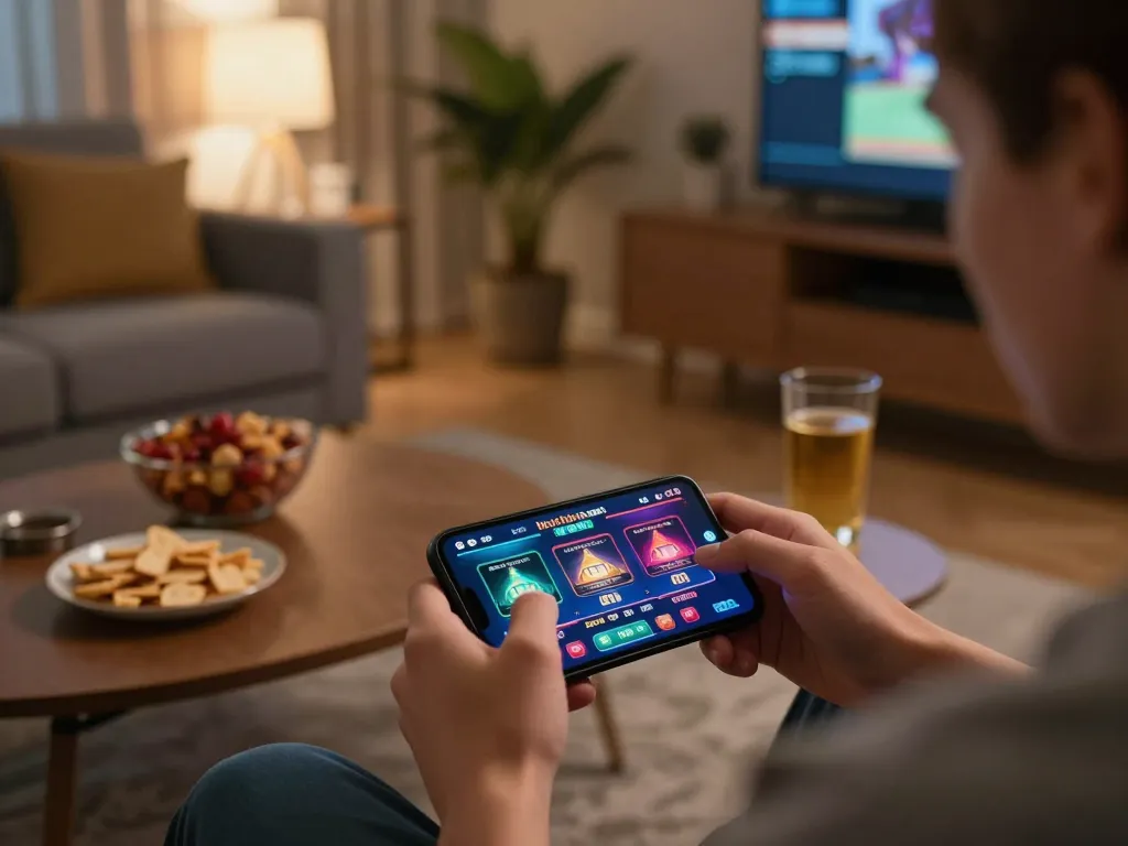 Engaging with the Hitclub mobile app on a smartphone in a cozy home setting for an enjoyable gaming experience