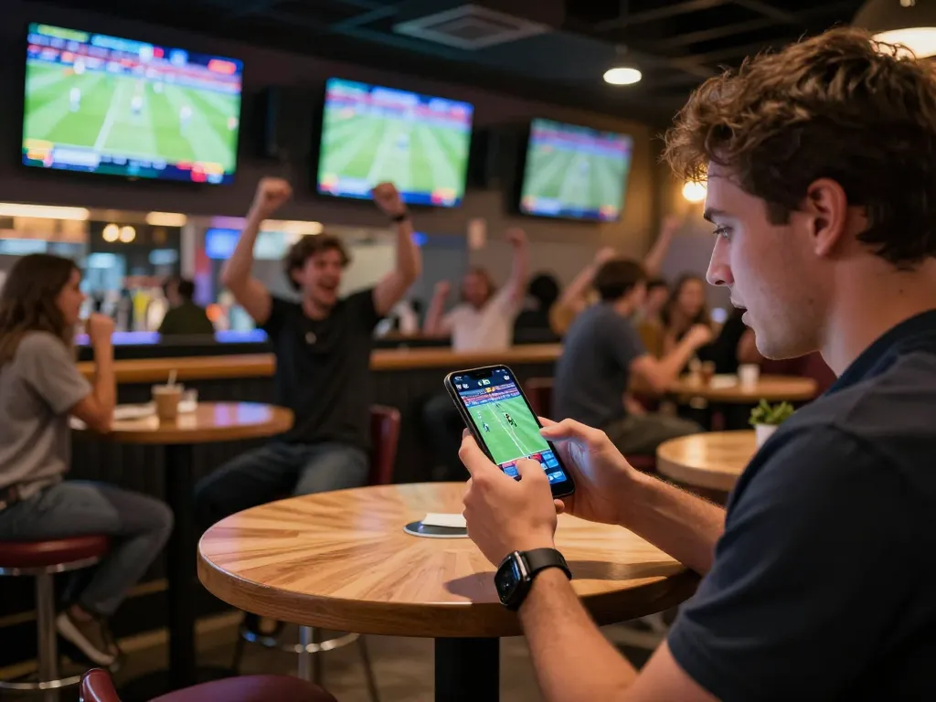 SBOBET sports betting action with a bettor placing live bets on a smartphone in an exciting bar environment.