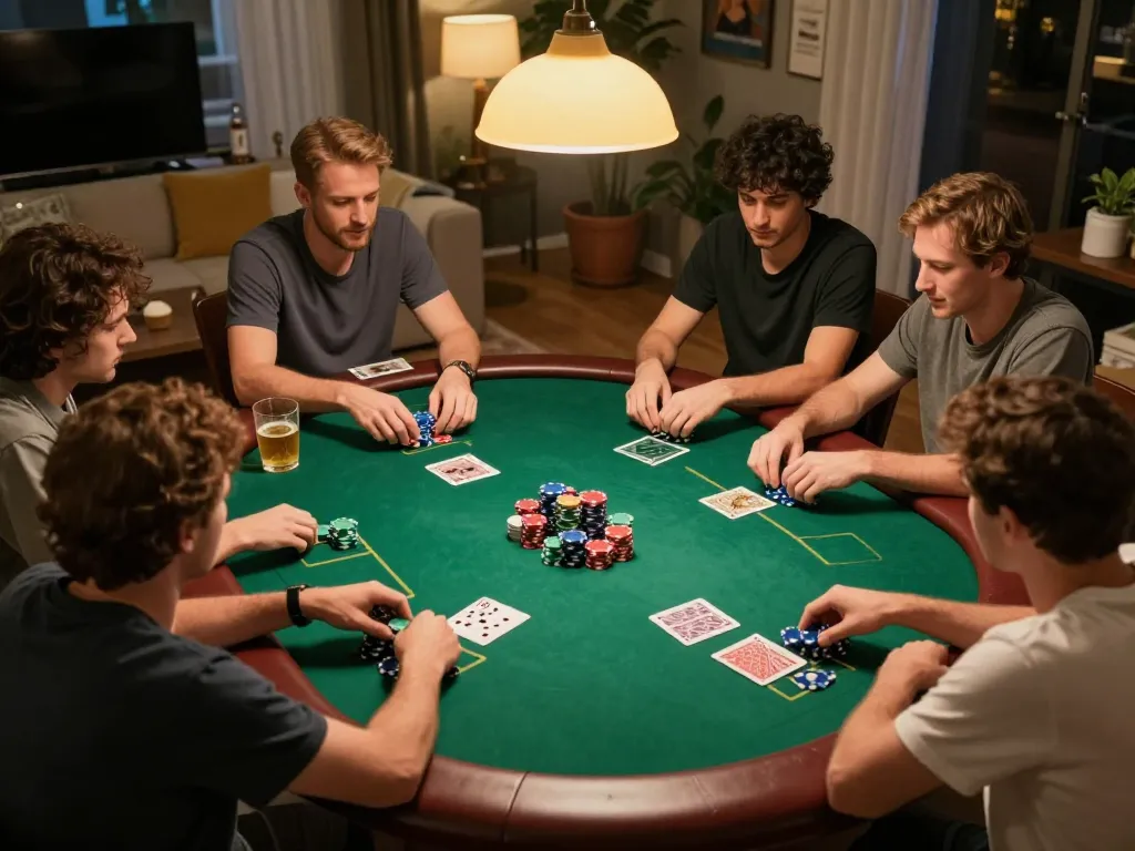Players enjoying a dynamic home poker game with 23WIN strategies, vibrant chips, and cozy lighting.