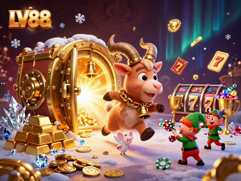 LV88 casino scene with Krampus goat and mischievous elves amidst gold and festive chaos