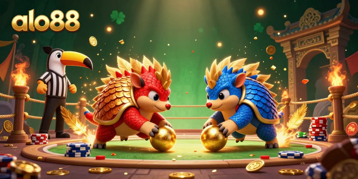 A vibrant gambling scene showcasing alo88 with cartoon pangolins rolling golden balls, surrounded by poker chips and festive elements.