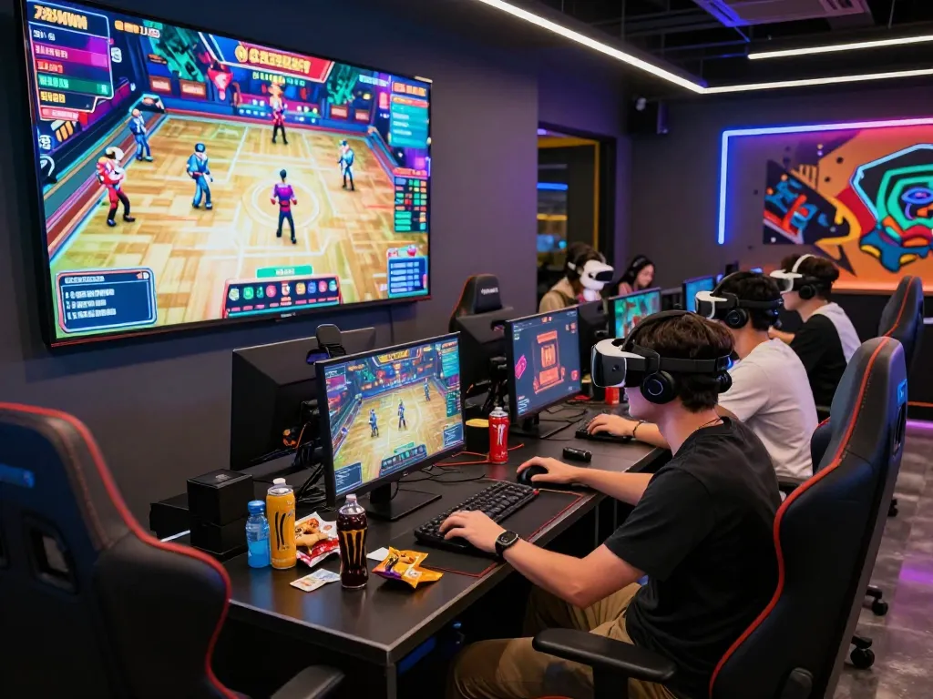 Friends playing 789Win games in a vibrant gaming lounge, showcasing excitement and technology.