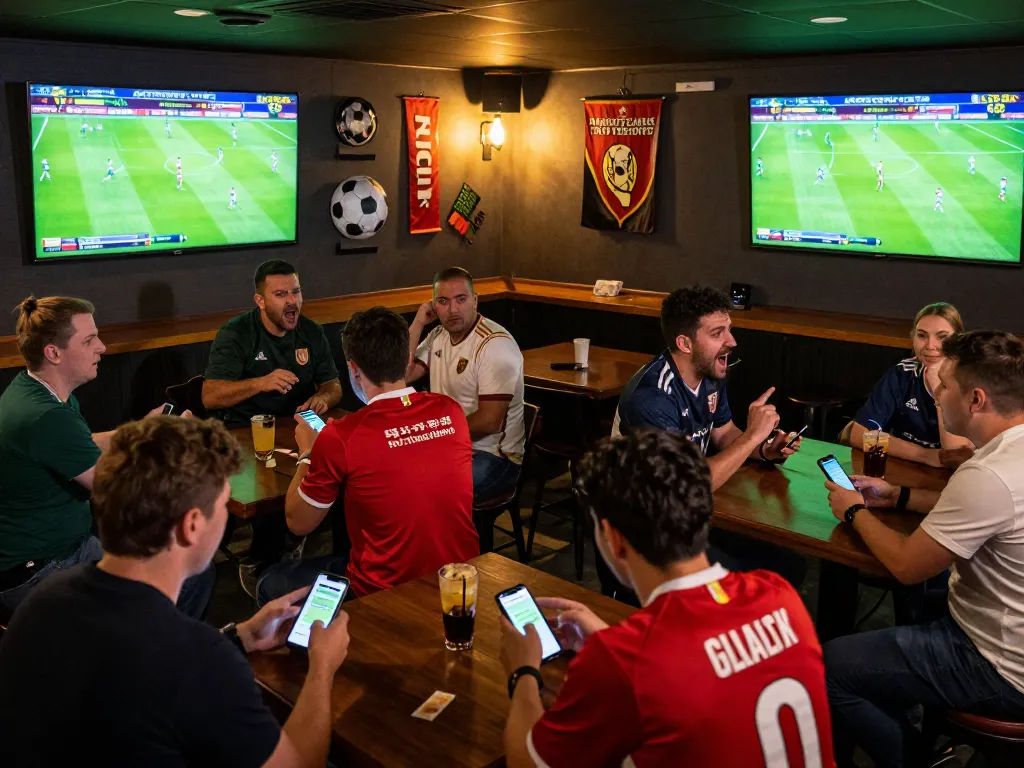 Engaged soccer fans participating in soccerbetting at a lively sports bar
