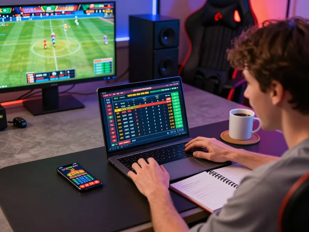 Player analyzing betting odds on a laptop while using va88 for online sports betting in a cozy environment.