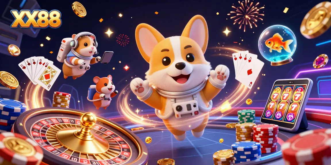 Experience the excitement of XX88 in a vibrant casino space scene featuring an astronaut corgi and floating casino elements.