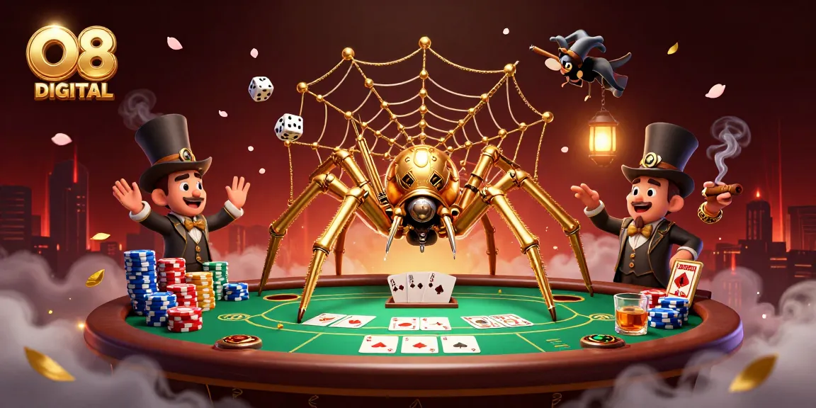 Experience the thrill of the casino with O8 DIGITAL's dynamic 3D illustration showcasing poker and golden elements.