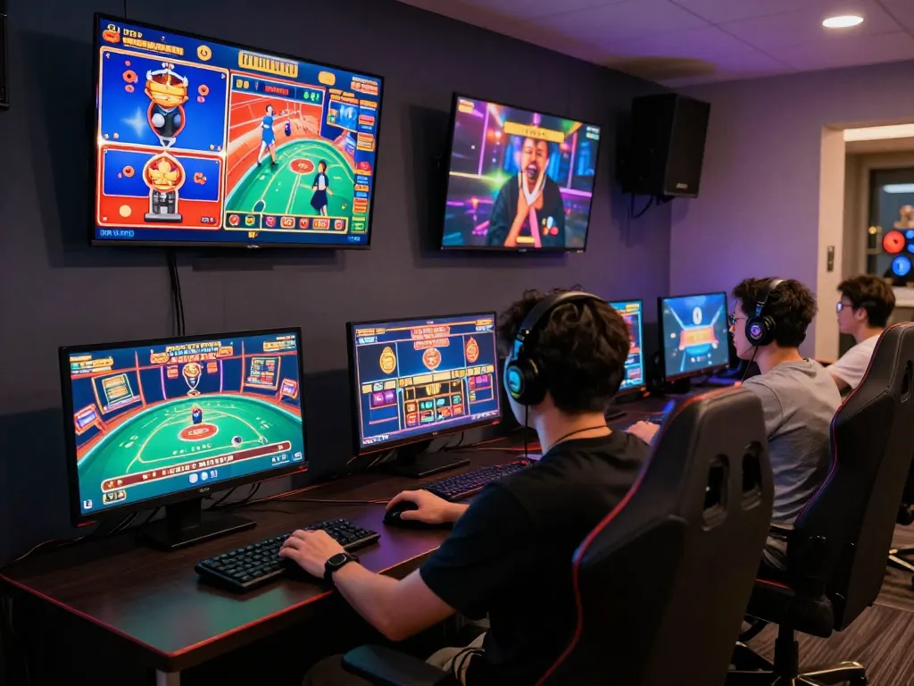 Engaging gaming setup showing someone playing at https://92slot.net/ with multiple screens displaying casino games.