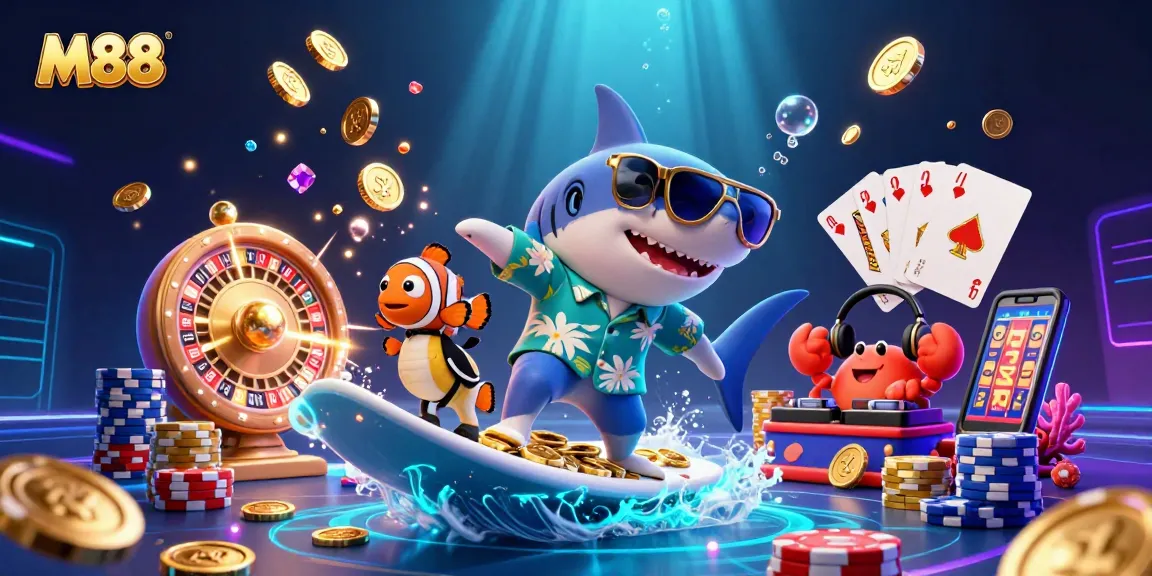 M88 offers exhilarating gaming experiences featuring a shark surfing on gold coins amidst vibrant casino elements