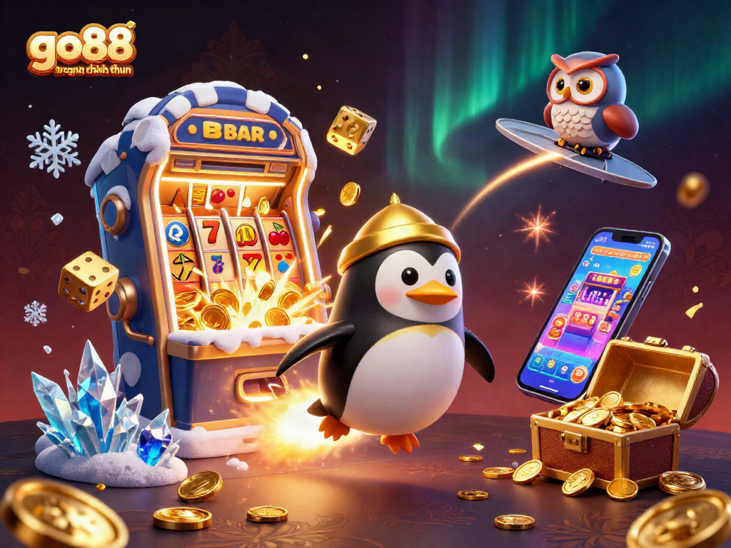 Experience the excitement of go88 trang chu chinh thuc with a golden penguin rocket launching into a casino adventure!