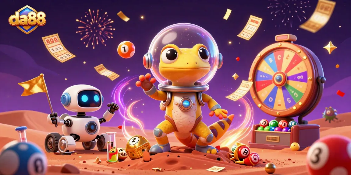 Experience thrilling action with da88 in a vibrant Martian casino, as lottery balls and golden tickets burst around