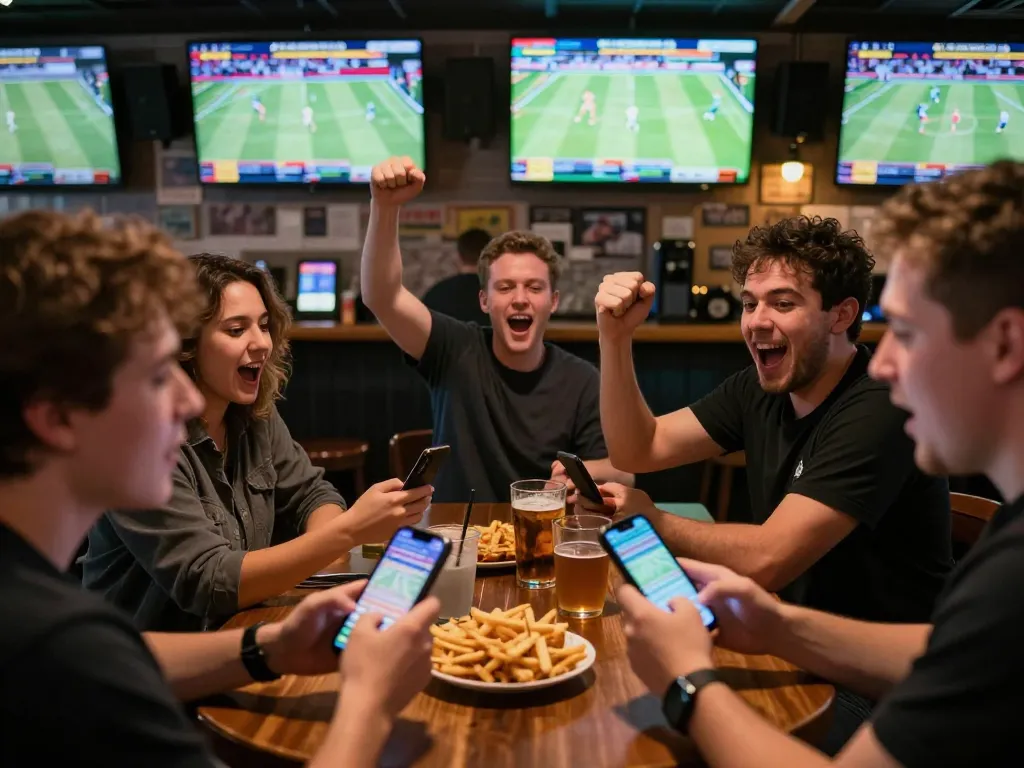 Excited patrons placing bets on rr88 sports betting app during live games at a sports bar