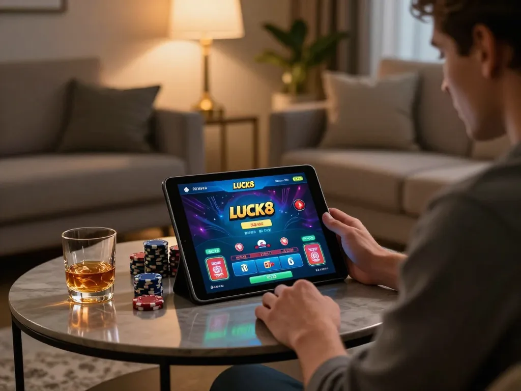 Người dùng LUCK8 tham gia chơi blackjack trực tuyến có trách nhiệm tại nhà, giao diện máy tính bảng hiển thị dealer trực tiếp.