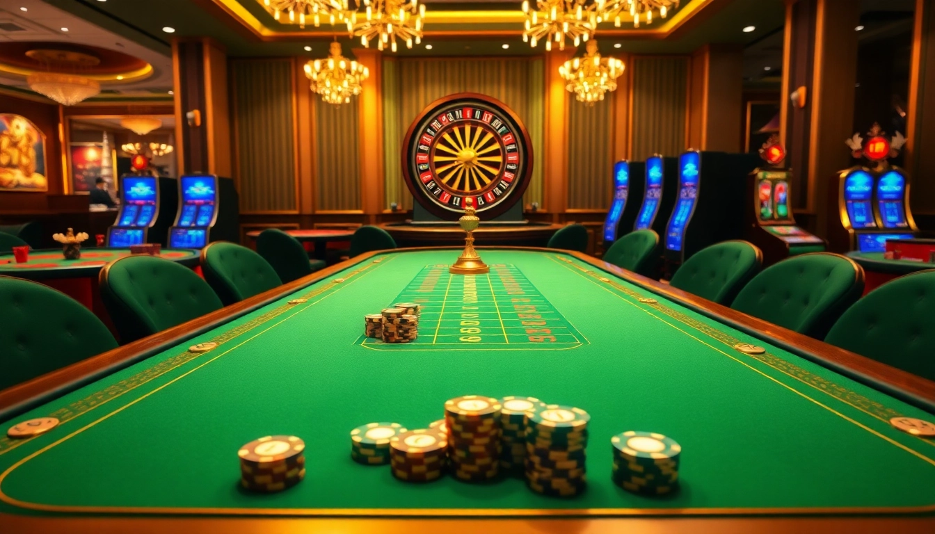 High-stakes gaming excitement at dom88.us.com featuring roulette wheels and poker tables.