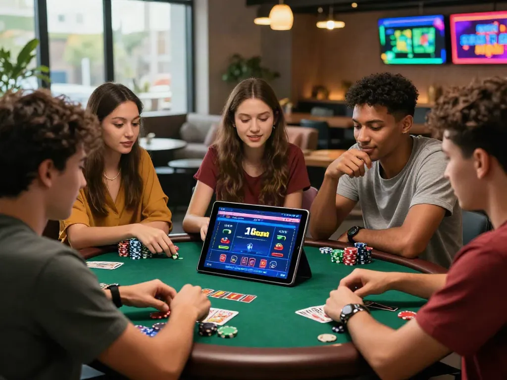 Young adults enjoying gaming and betting experience on 11 bet in a lively lounge setting.