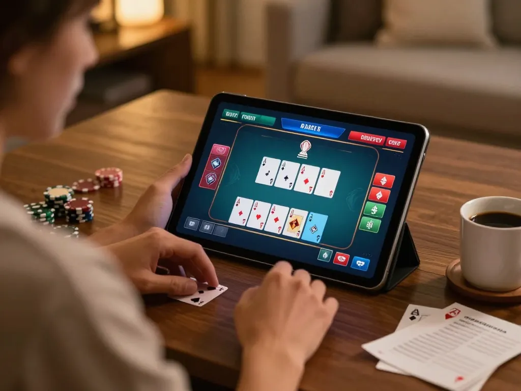Engaging online poker gameplay showcasing KUWIN strategy on a tablet in a cozy home setting.