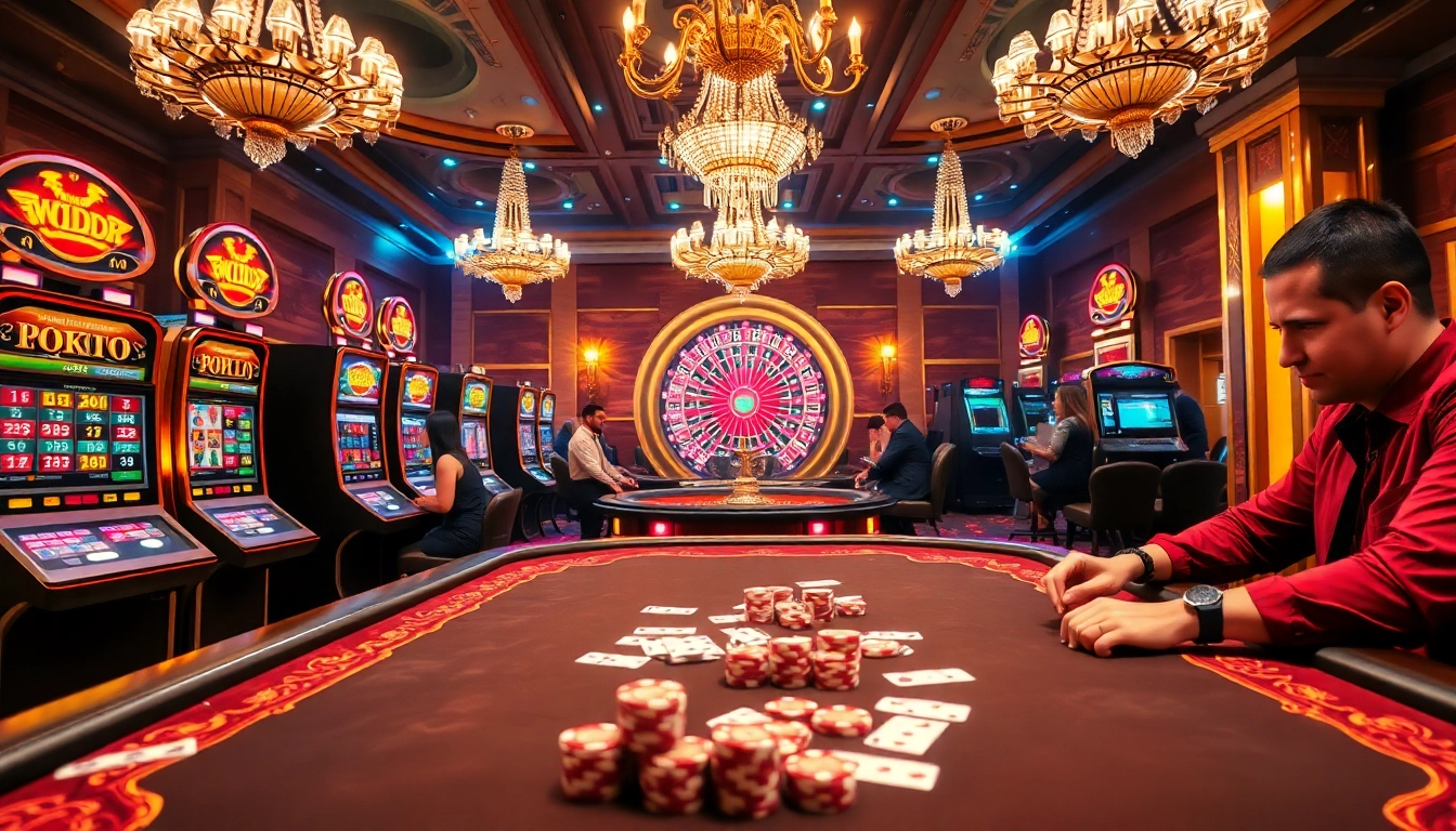 SODO Casino scene with players at a poker table, vibrant slot machines, and roulette wheel.