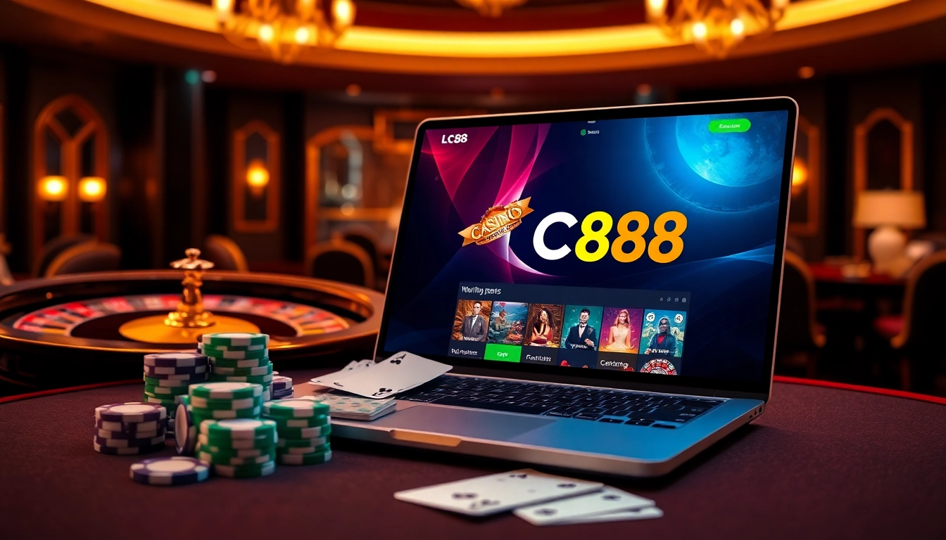 Experience the thrill of casino gaming with LC88's online interface showcasing chips and cards.